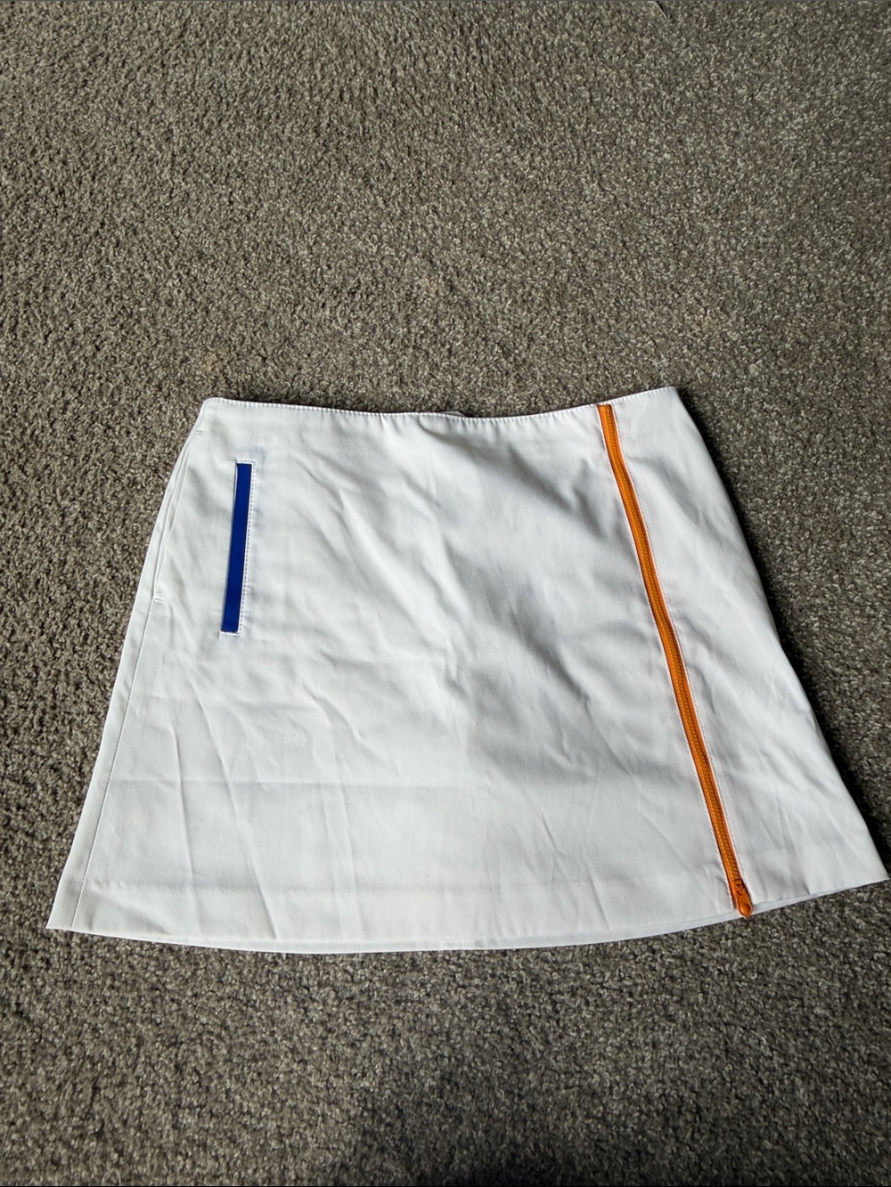 White Mini Skirt with Orange Zip and Blue Trim